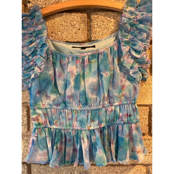 French Connection XS Ruffled Sleeveless Watercolor Peplum Top Blue & Pink - Picture 3 of 9
